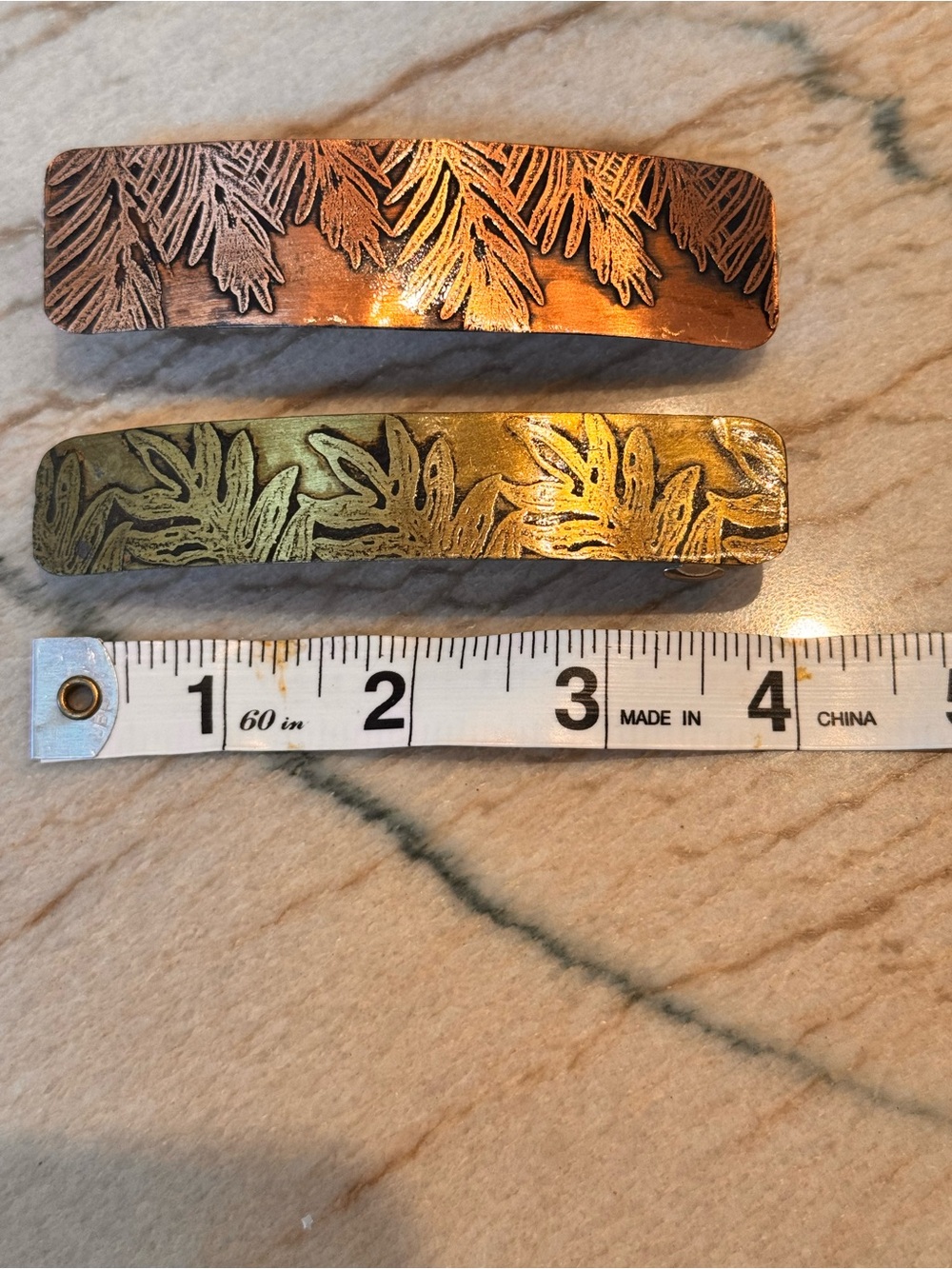 Metal Leaf-Engraved Hair Barrette Set in Copper and Brass Tones